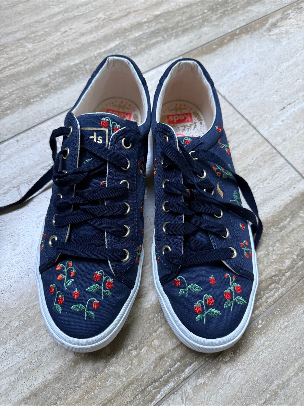 Keds Navy Canvas Sneakers with Red Floral Embroidery